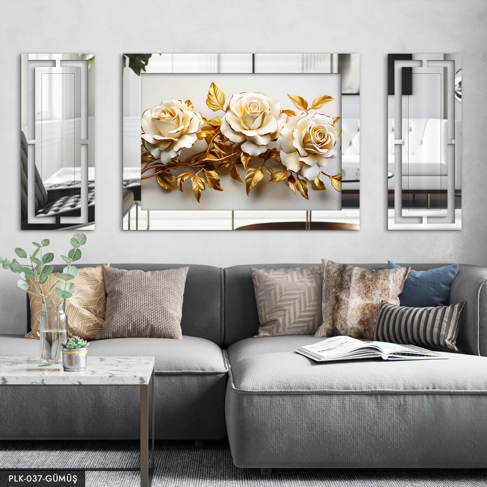Gold Yapraklı Beyaz Güller Yan Dekorlu 3 Parça Pleksi Tablo DKRPLK 130 x 25 CM - Gümüş