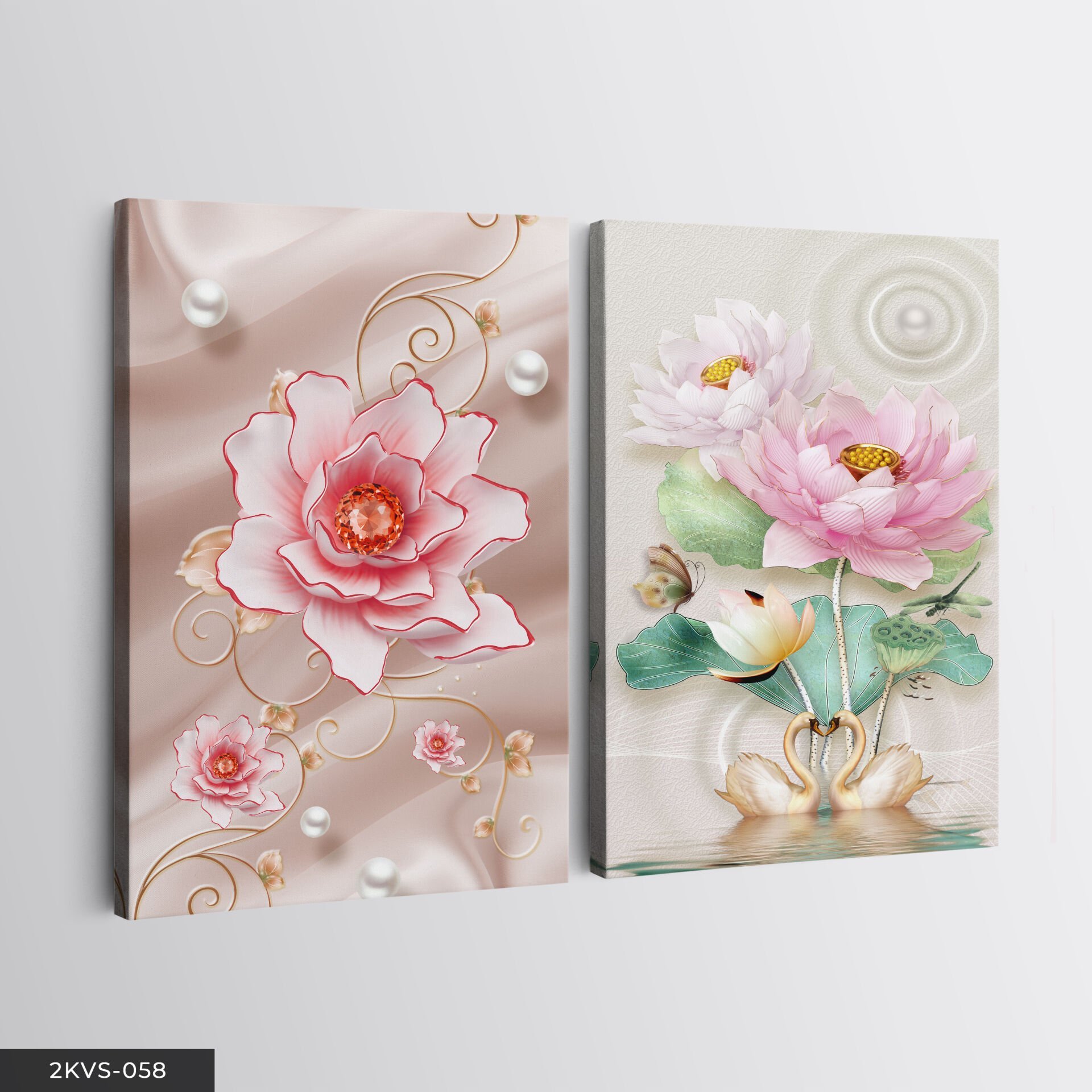 Çiçekler Kuğu 2 Parça Kanvas - Canvas Tablo