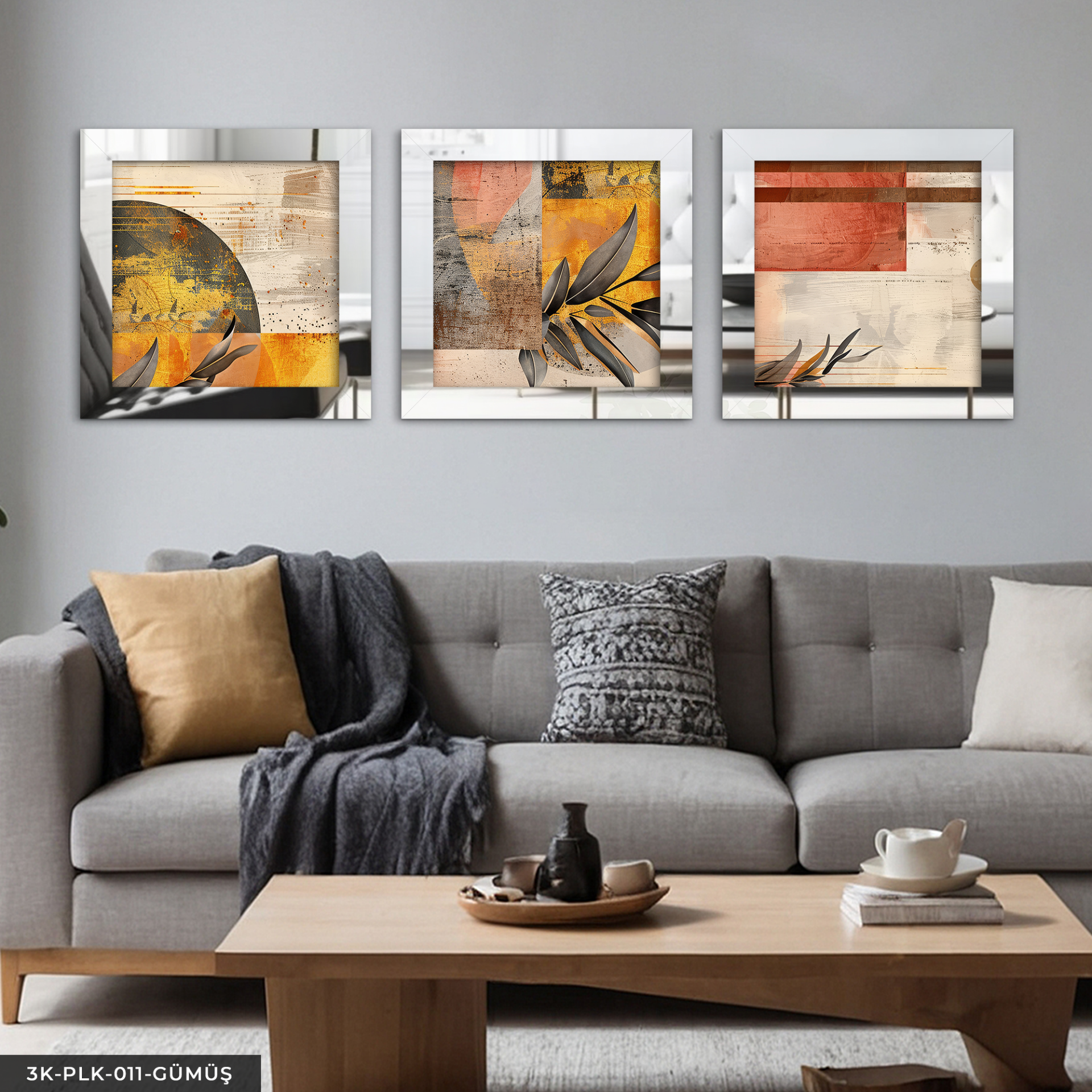 Soyut Sanat ve Yapraklar 3 Parça Pleksi Aynalı Çerçeveli Tablo Gümüş - 30 x 30 CM