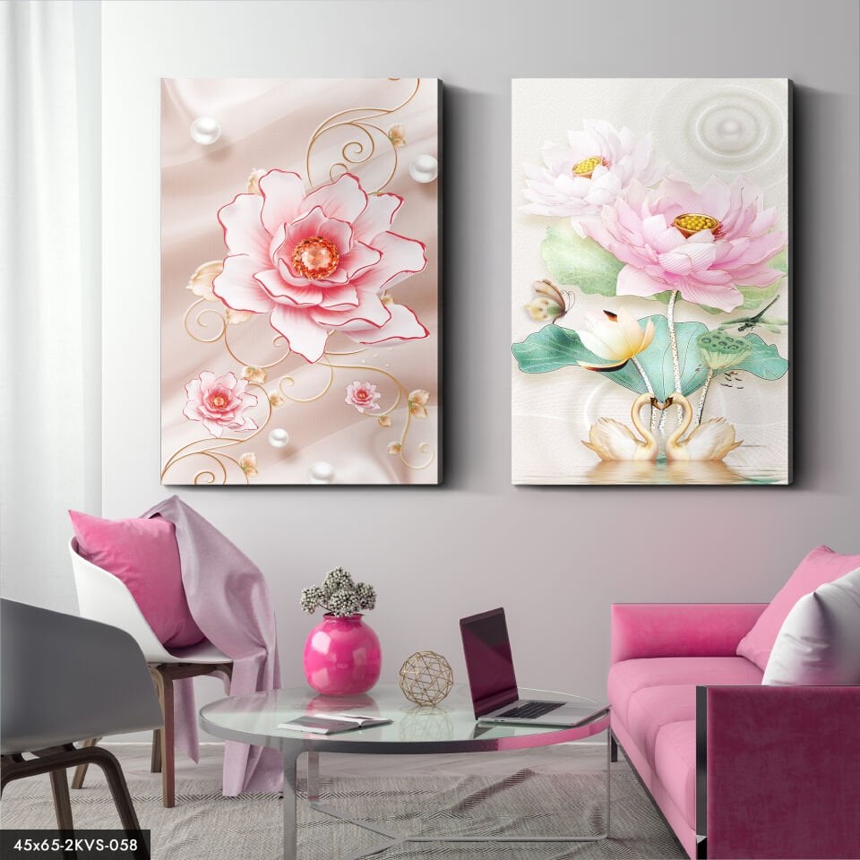 Çiçekler Kuğu 2 Parça Kanvas - Canvas Tablo