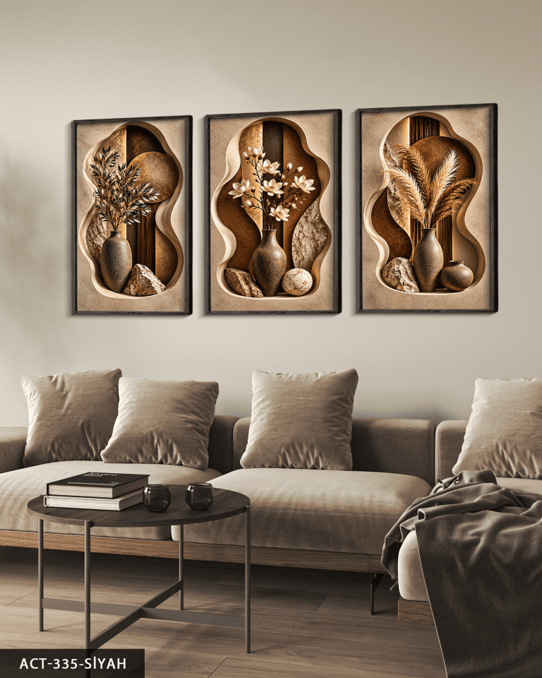 Boho Tarzda Vazoda Bitkiler 3 Parça Ahşap Çerçeveli Tablo ACT Siyah - 50 x 70 CM