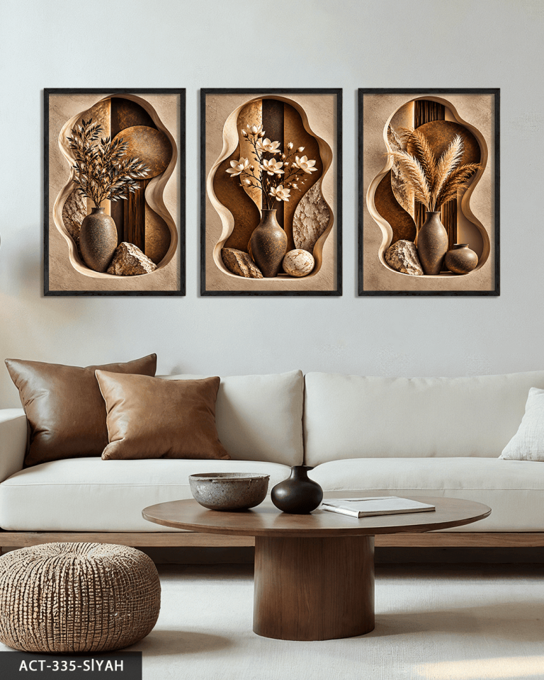 Boho Tarzda Vazoda Bitkiler 3 Parça Ahşap Çerçeveli Tablo ACT Siyah - 50 x 70 CM