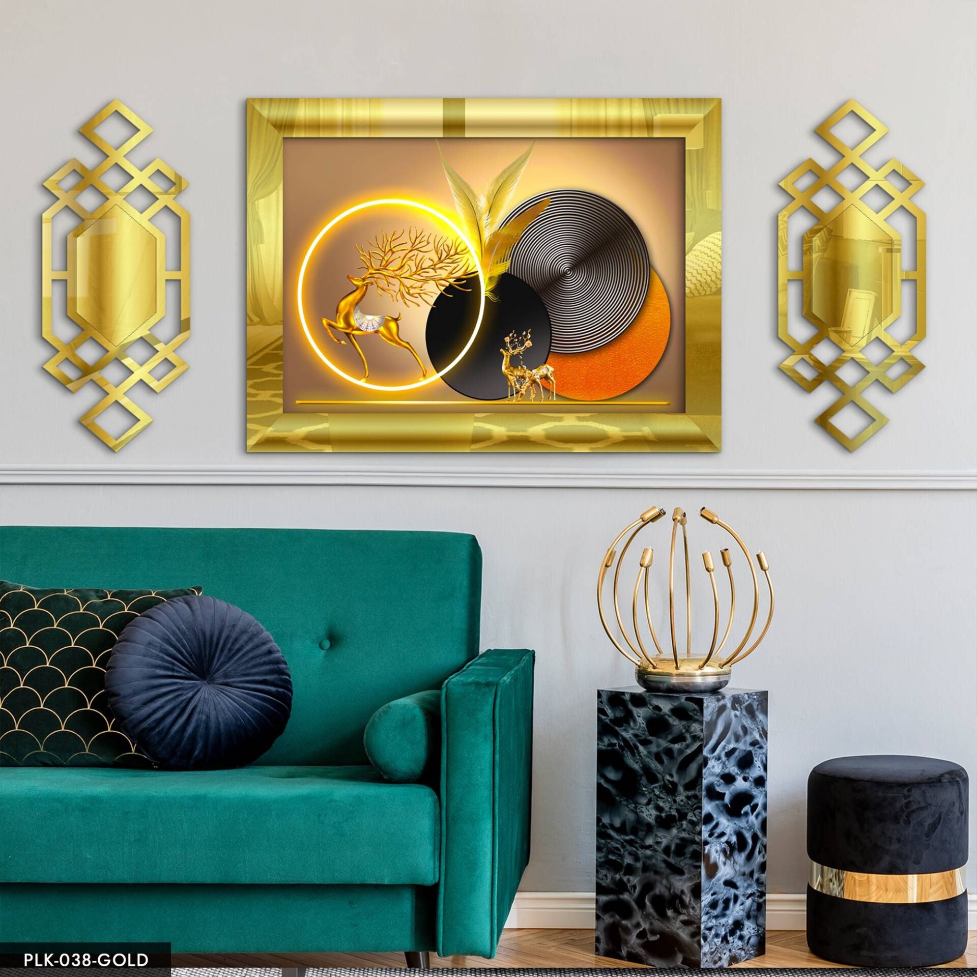Gold Geyik Yuvarlak Desenler Yan Dekorlu 3 Parça Pleksi Tablo DKRPLK