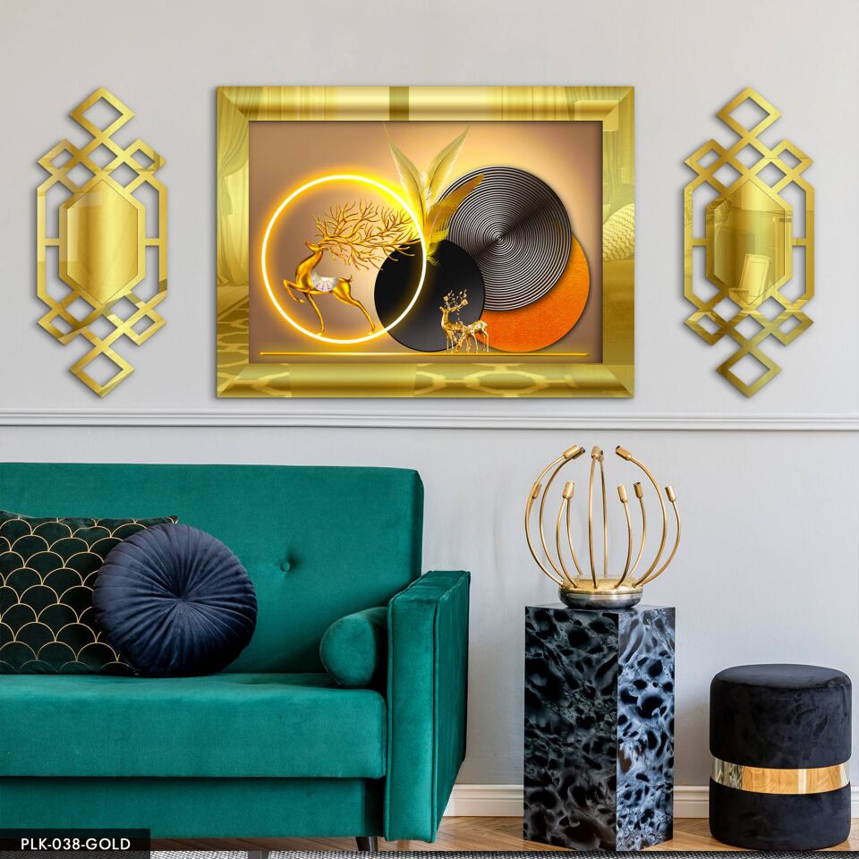 Gold Geyik Yuvarlak Desenler Yan Dekorlu 3 Parça Pleksi Tablo DKRPLK
