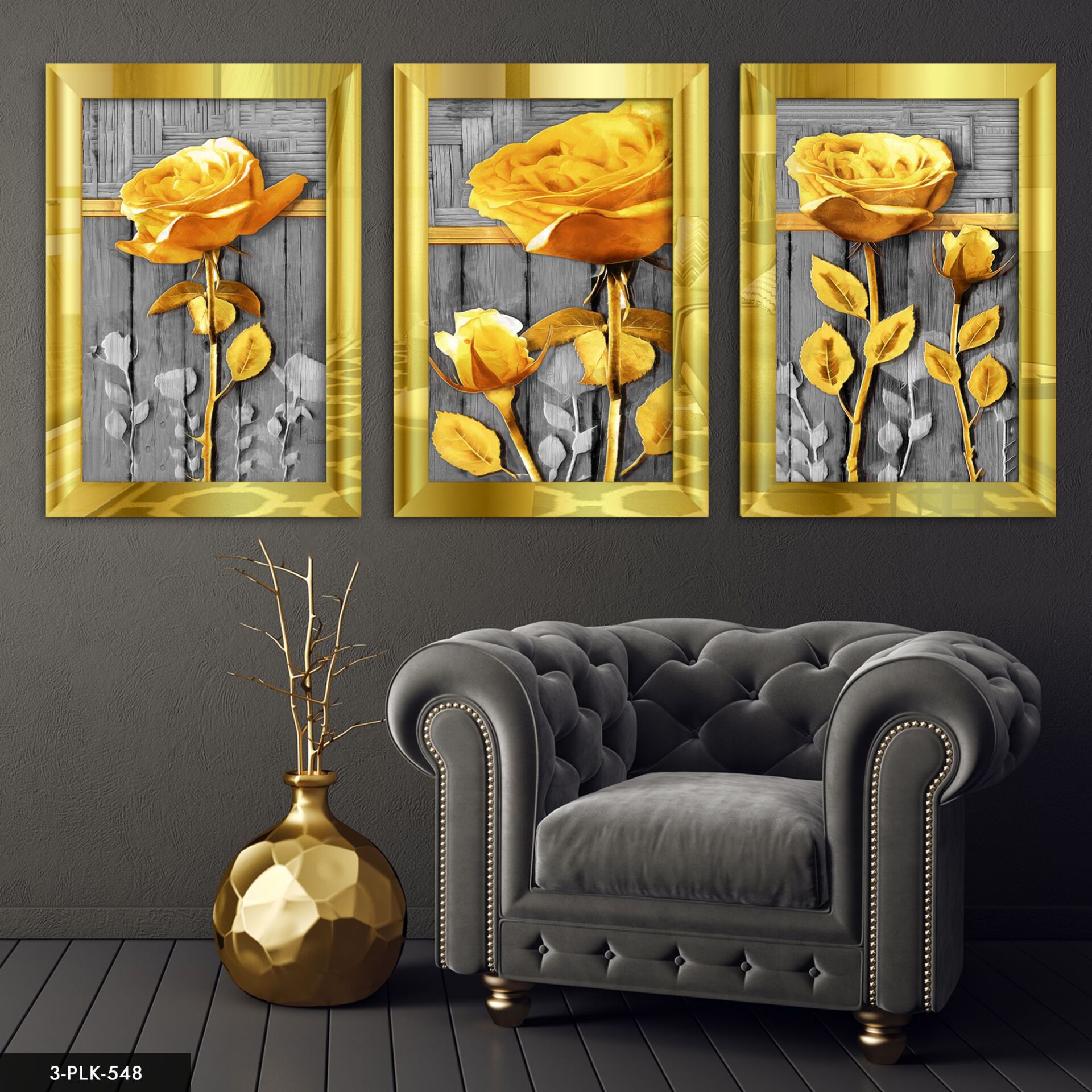 Çiçekler 3 Parça Pleksi Aynalı Tablo 50 x 70 CM - Gold