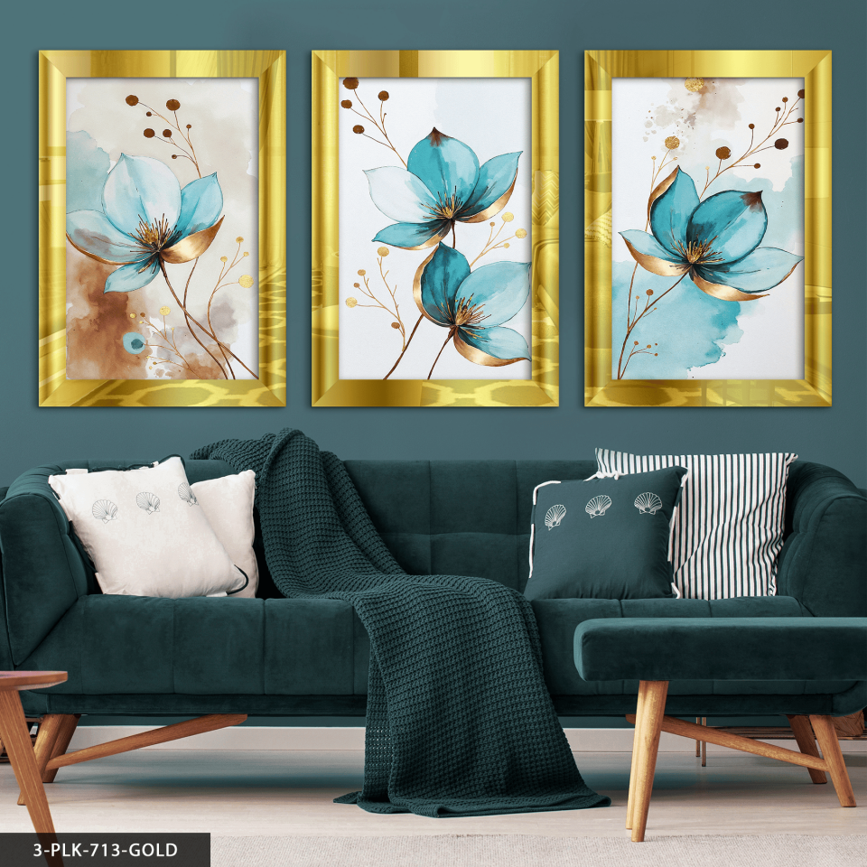 Sulu Boya Görünümlü Mavi Çiçek 3 Parça Pleksi Aynalı Tablo 20 x 30 CM - Gold
