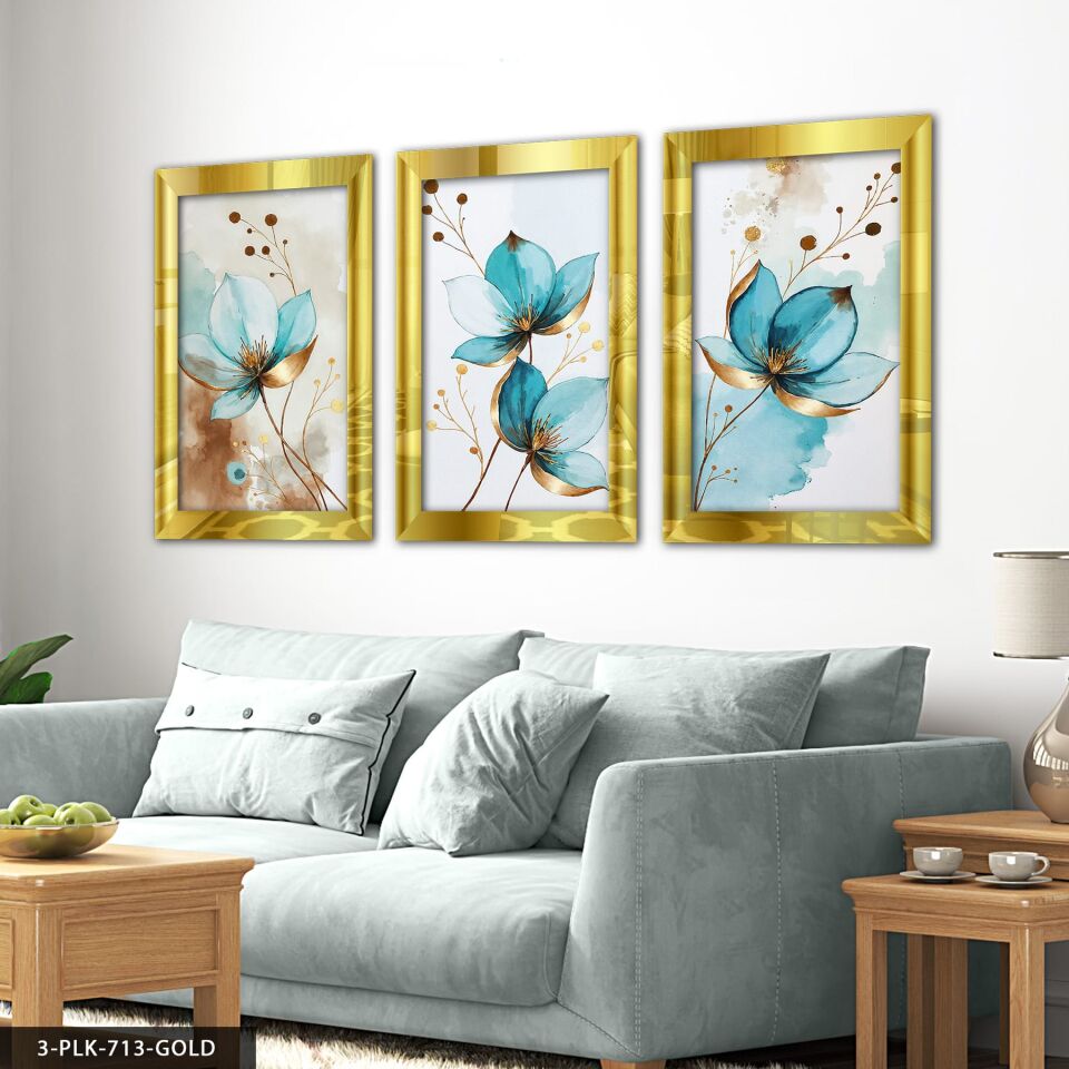 Sulu Boya Görünümlü Mavi Çiçek 3 Parça Pleksi Aynalı Tablo 20 x 30 CM - Gold
