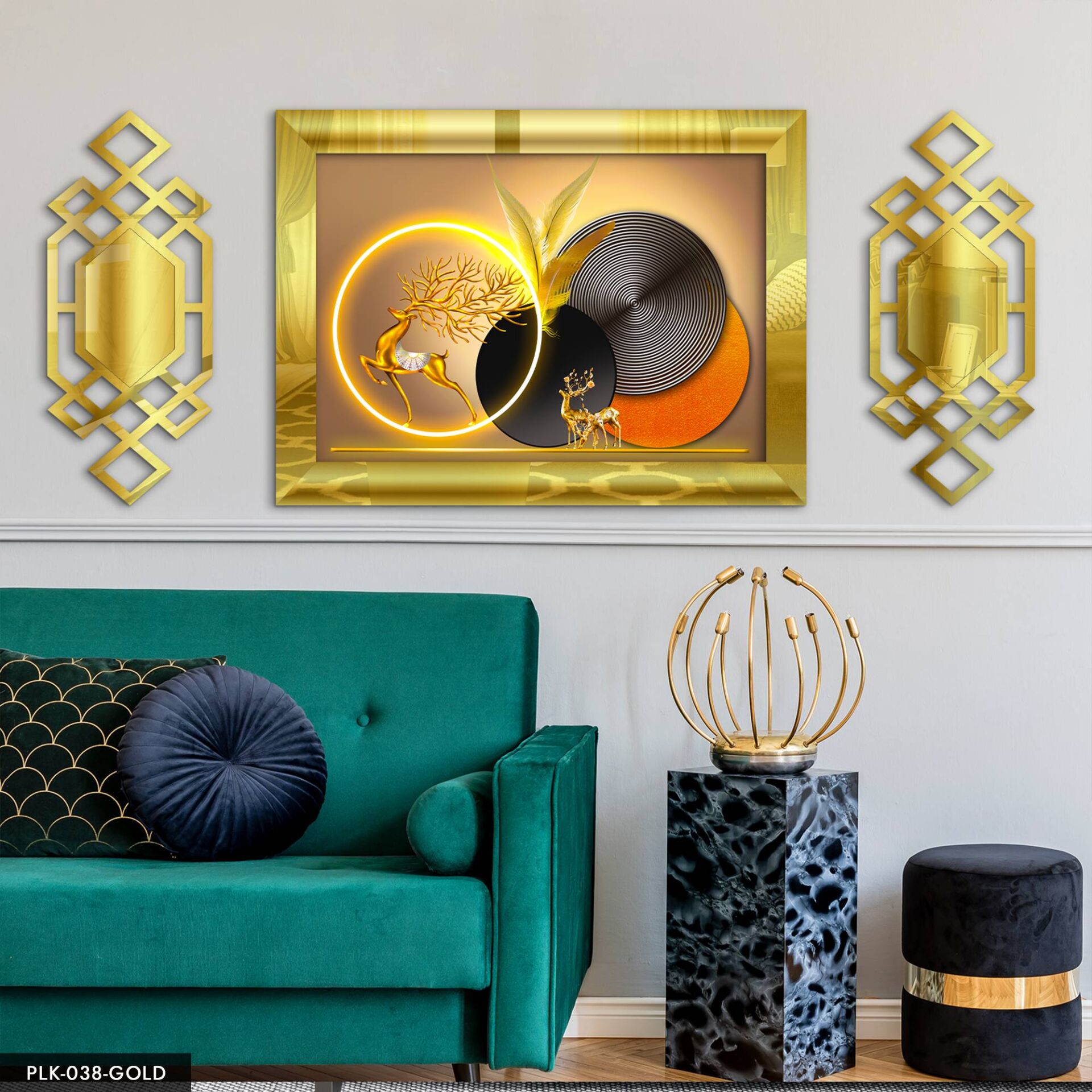 Gold Geyik Yuvarlak Desenler Yan Dekorlu 3 Parça Pleksi Tablo DKRPLK 130 x 25 CM - Gold