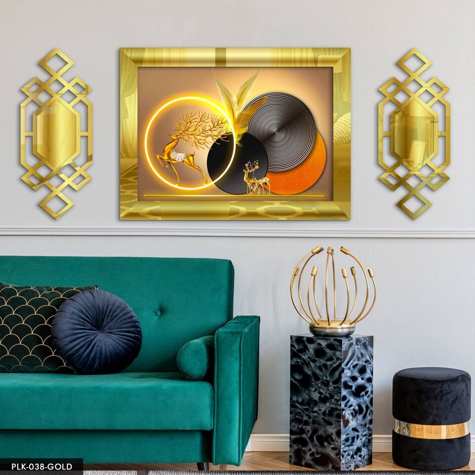 Gold Geyik Yuvarlak Desenler Yan Dekorlu 3 Parça Pleksi Tablo DKRPLK 130 x 25 CM - Gold