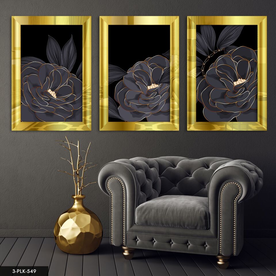 Çiçekler 3 Parça Pleksi Aynalı Tablo 50 x 70 CM - Gold