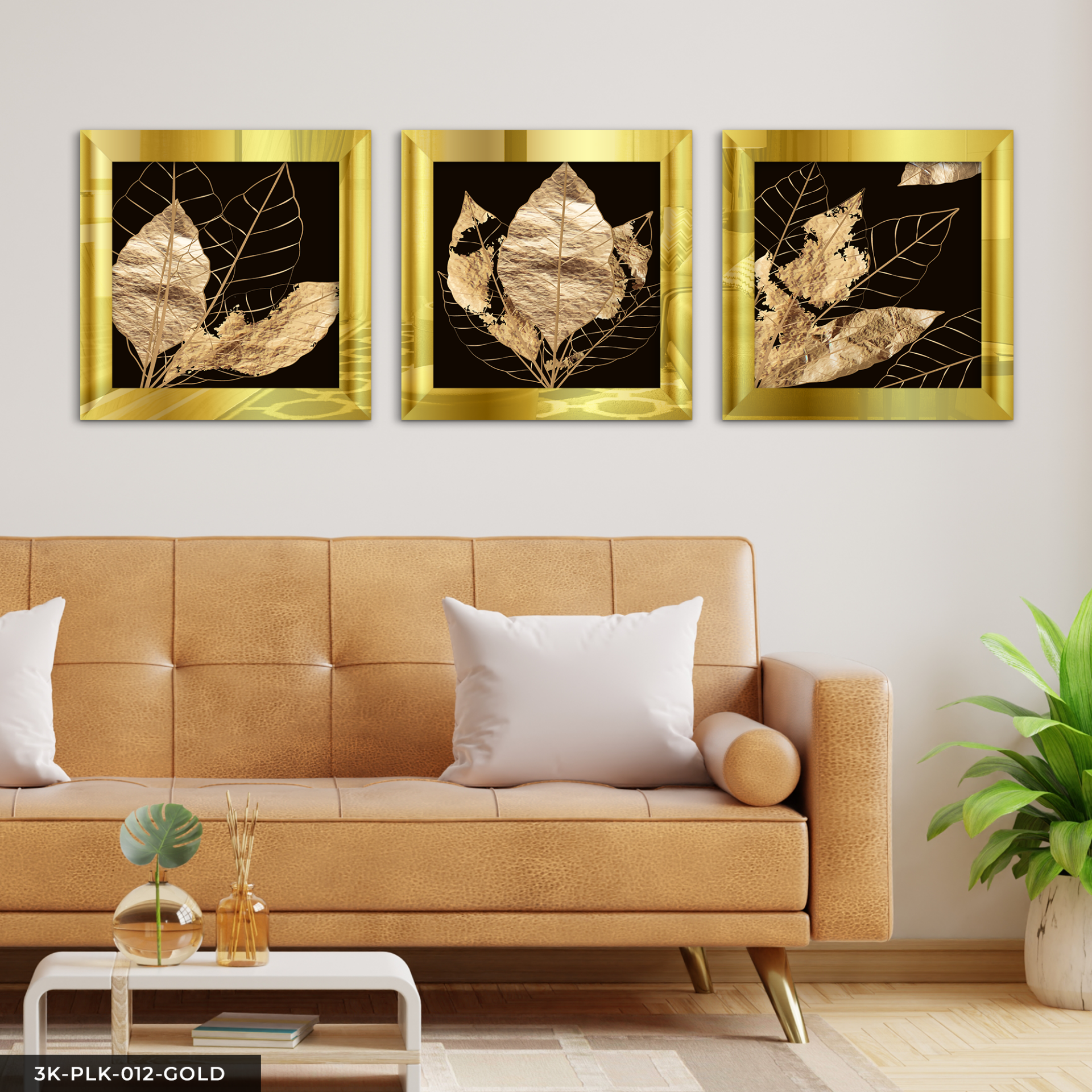 Gold Yaprak 3 Parça Pleksi Aynalı Çerçeveli Tablo Gold - 30 x 30 CM