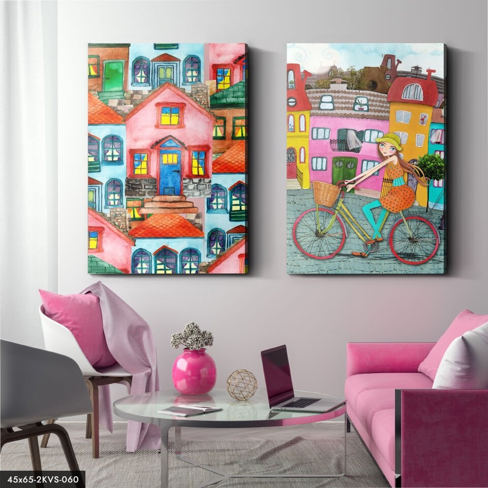 Bisikletli Kız 2 Parça Kanvas - Canvas Tablo