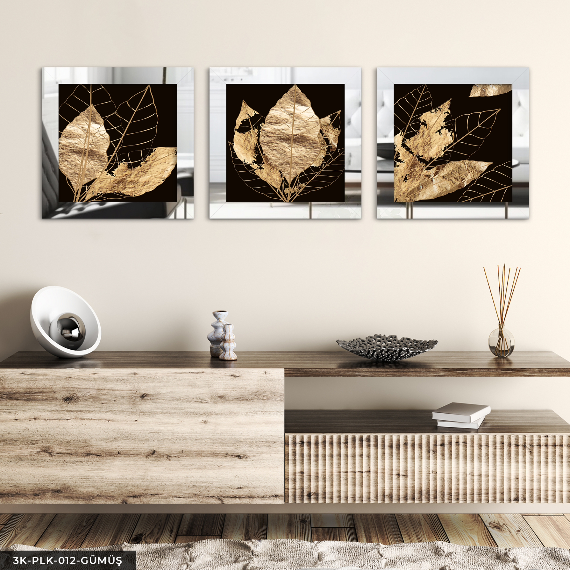 Gold Yaprak 3 Parça Pleksi Aynalı Çerçeveli Tablo Gümüş - 30 x 30 CM