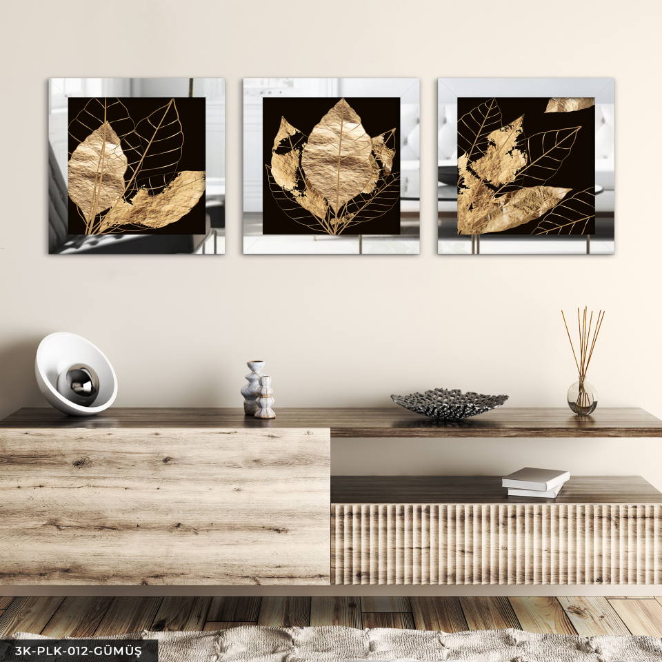 Gold Yaprak 3 Parça Pleksi Aynalı Çerçeveli Tablo Gümüş - 30 x 30 CM