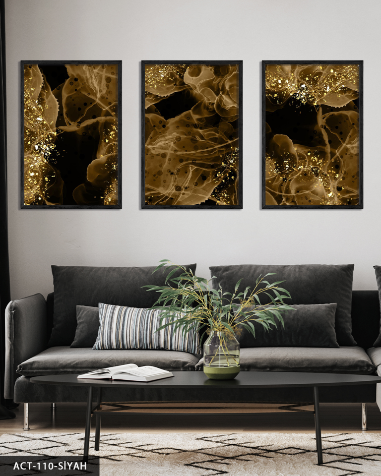 Gold Detaylı Şekiller 3 Parça Ahşap Çerçeveli Tablo ACT Siyah - 20 x 30 CM