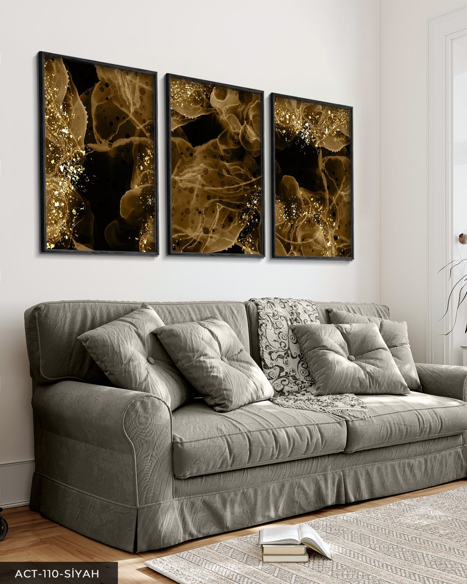 Gold Detaylı Şekiller 3 Parça Ahşap Çerçeveli Tablo ACT Siyah - 20 x 30 CM
