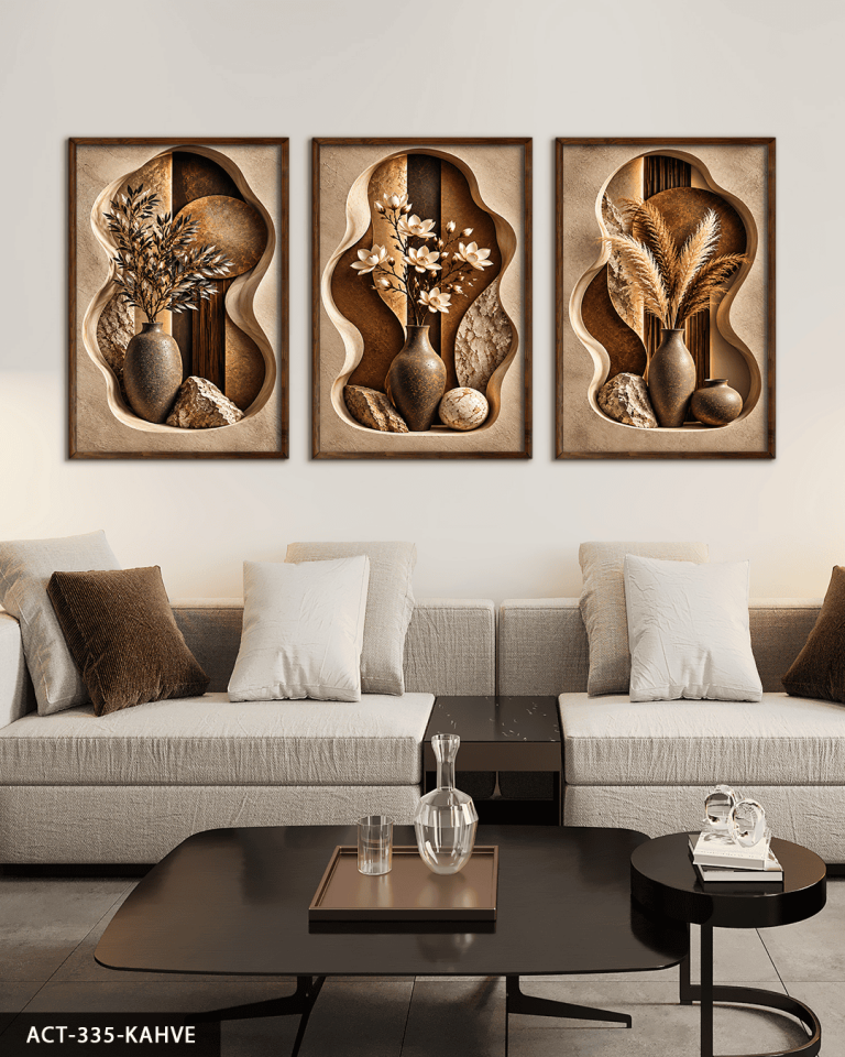 Boho Tarzda Vazoda Bitkiler 3 Parça Ahşap Çerçeveli Tablo ACT Kahverengi - 40 x 60 CM