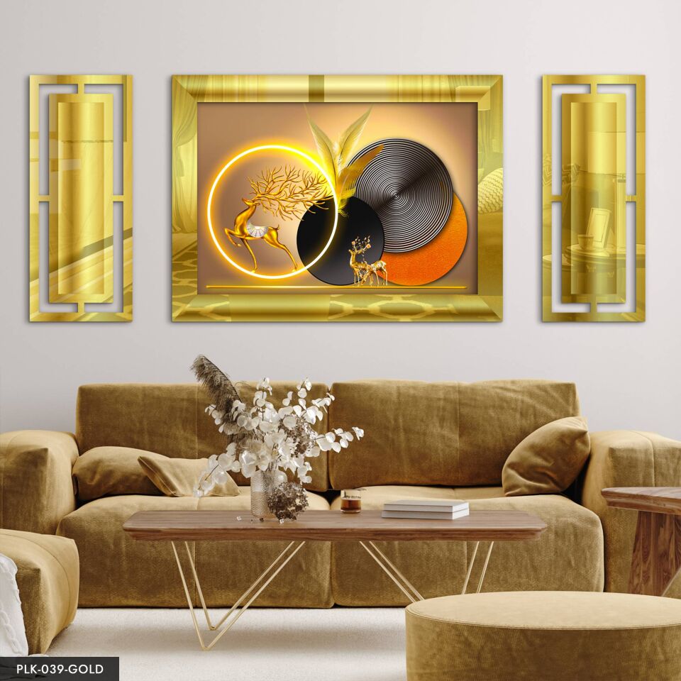 Gold Geyik Yuvarlak Desenler Yan Dekorlu 3 Parça Pleksi Tablo DKRPLK