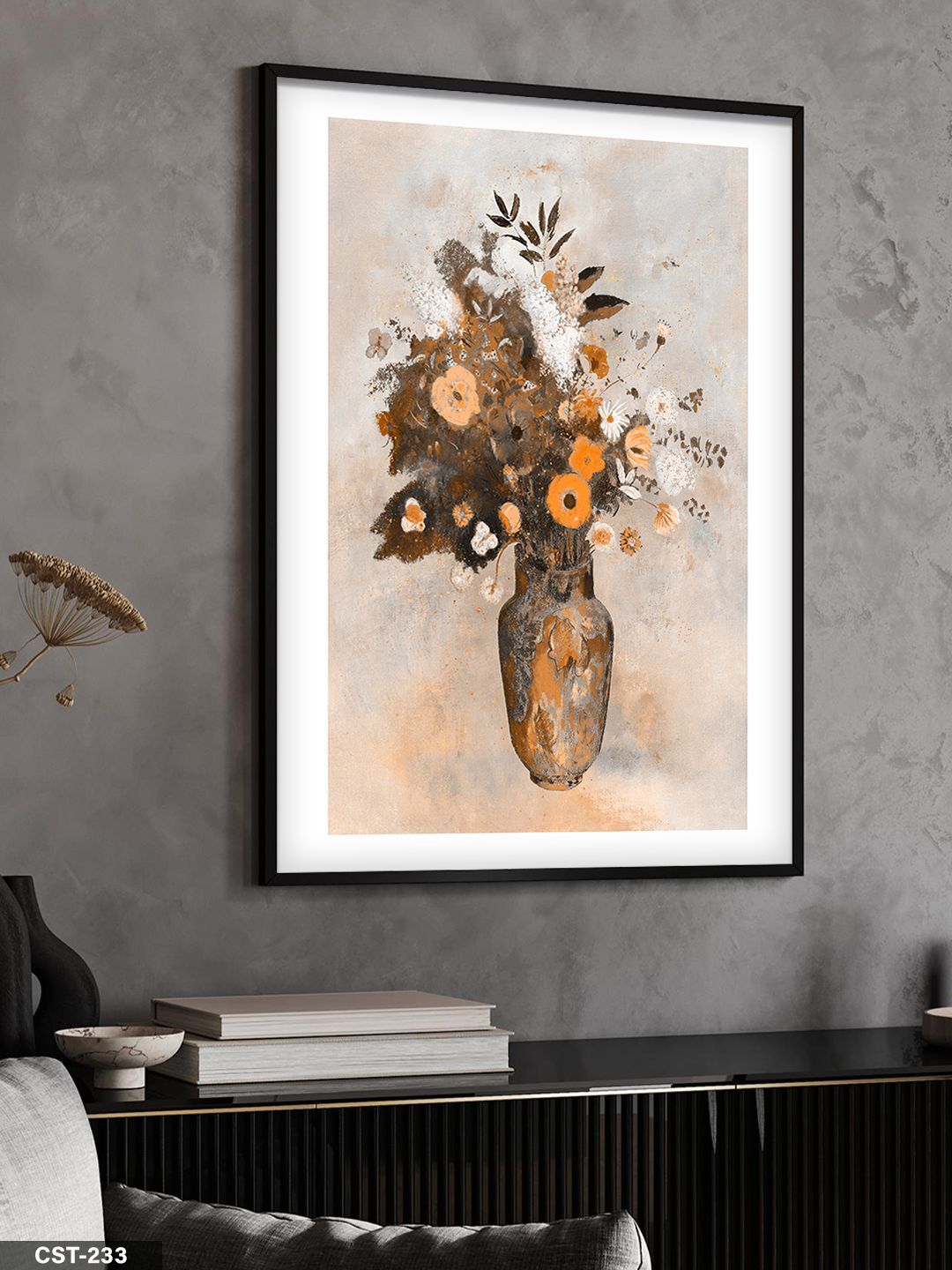 Turuncu Çiçek Vazosu Tek Parça Ahşap Çerçeveli Tablo Siyah - 30 x 40 CM