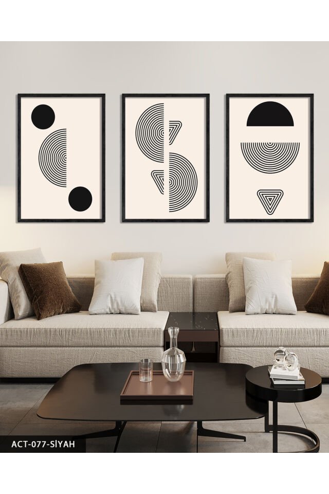 Soyut Geometrik Desenler 3 Parça Ahşap Çerçeveli Tablo