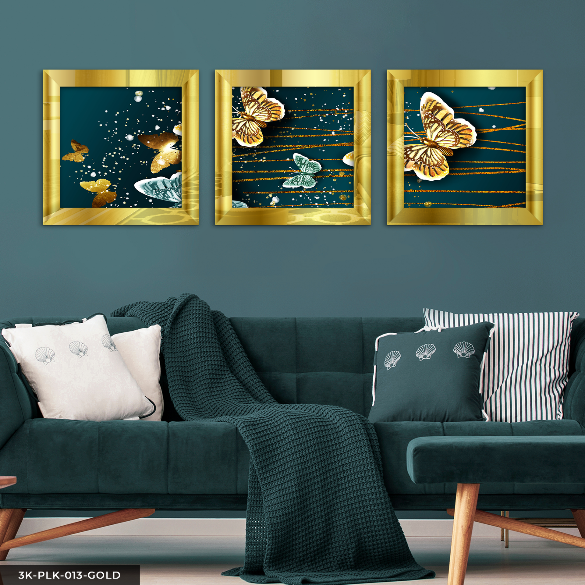 Parıltılı Gold Kelebekler 3 Parça Pleksi Aynalı Çerçeveli Tablo