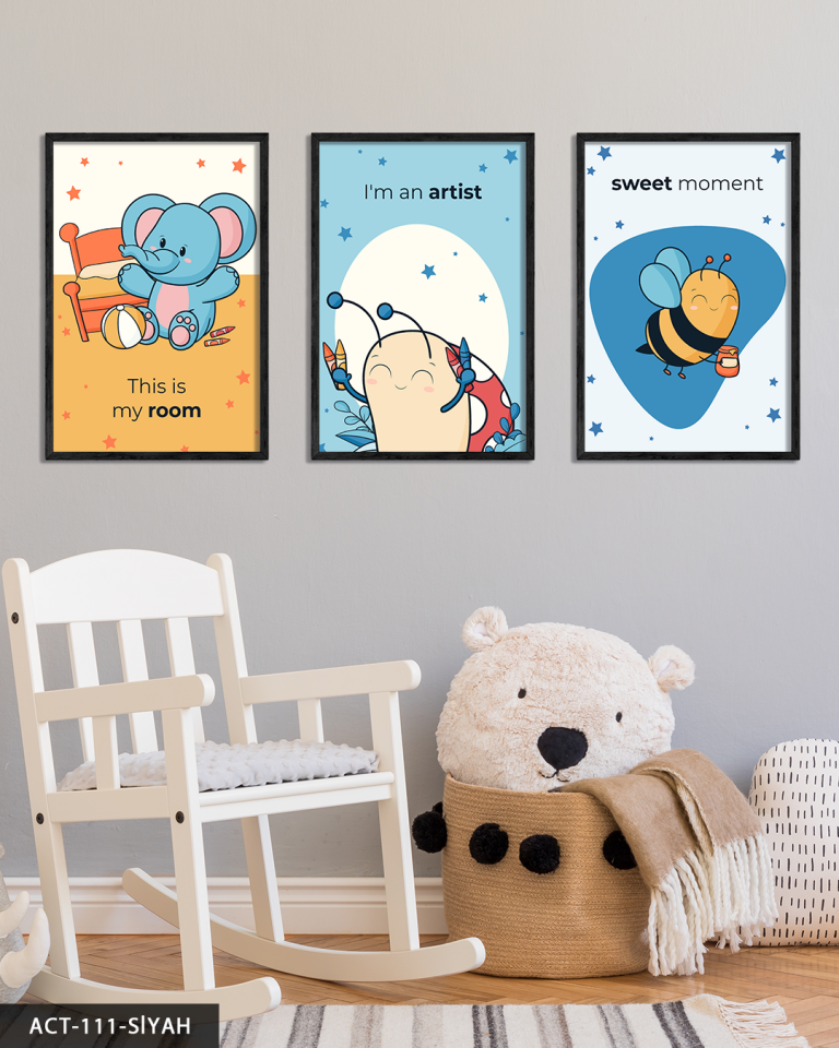 Hayvan Temalı Çocuk Odası 3 Parça Ahşap Çerçeveli Tablo ACT Siyah - 20 x 30 CM