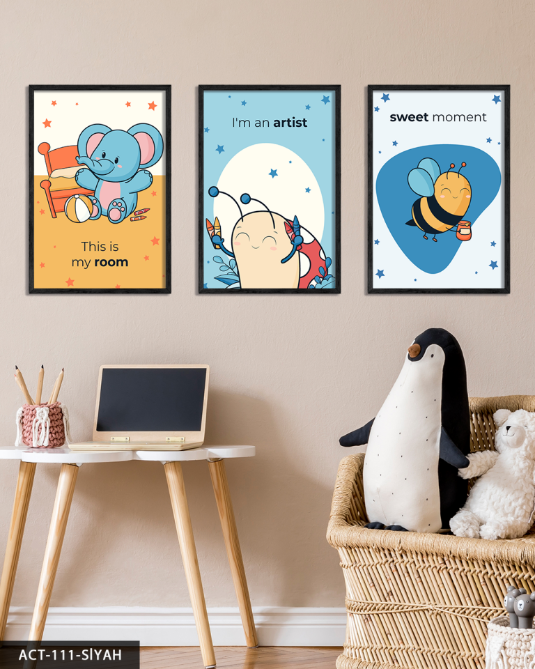 Hayvan Temalı Çocuk Odası 3 Parça Ahşap Çerçeveli Tablo ACT Siyah - 20 x 30 CM