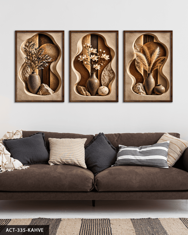 Boho Tarzda Vazoda Bitkiler 3 Parça Ahşap Çerçeveli Tablo ACT Kahverengi - 50 x 70 CM