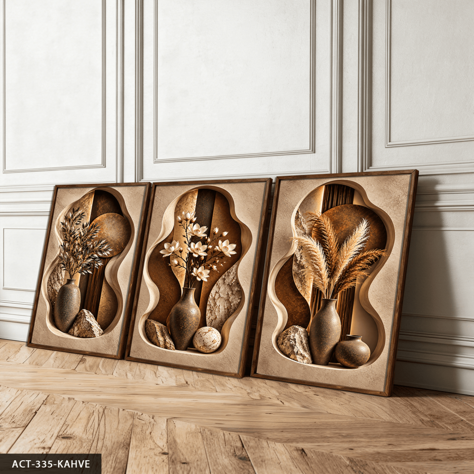 Boho Tarzda Vazoda Bitkiler 3 Parça Ahşap Çerçeveli Tablo ACT Kahverengi - 50 x 70 CM