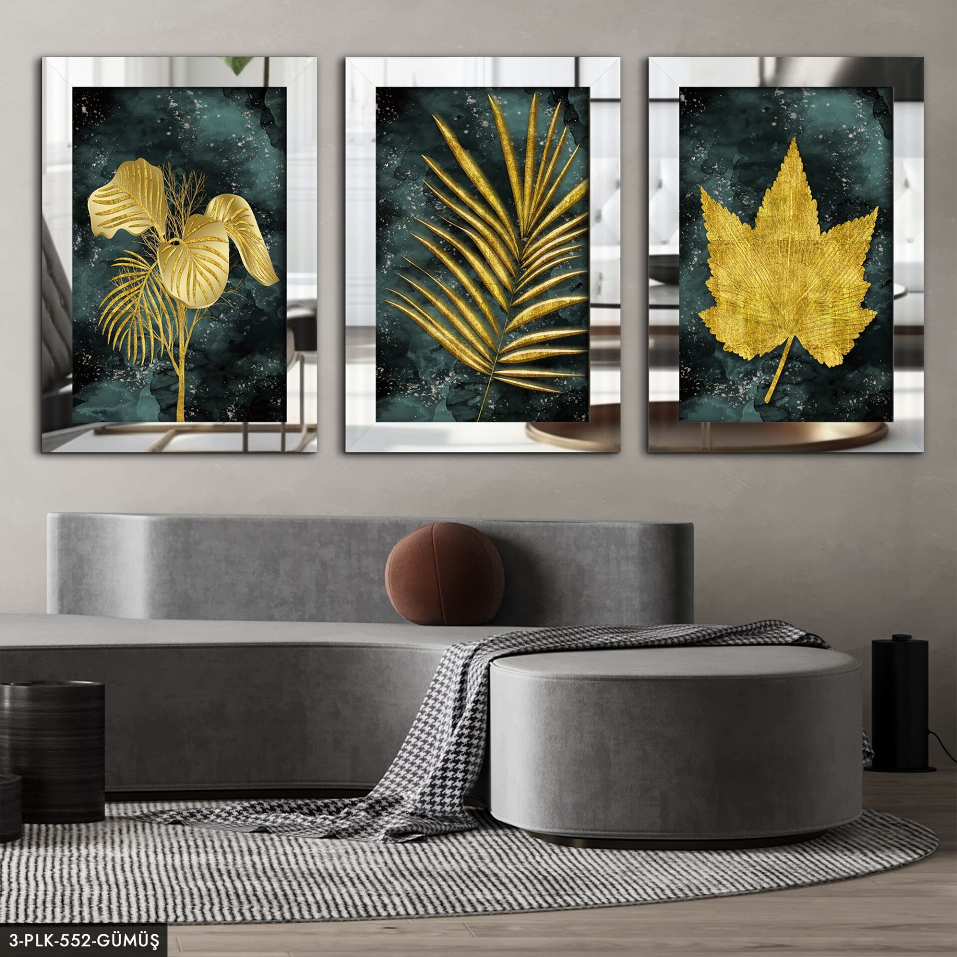Çiçek Yaprak 3 Parça Pleksi Aynalı Tablo 50 x 70 CM - Gümüş
