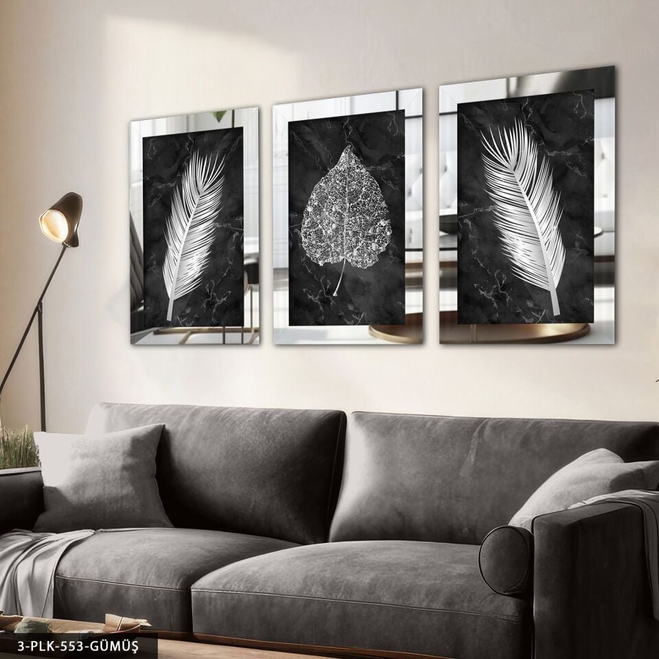 Çiçek Yaprak 3 Parça Pleksi Aynalı Tablo 50 x 70 CM - Gümüş