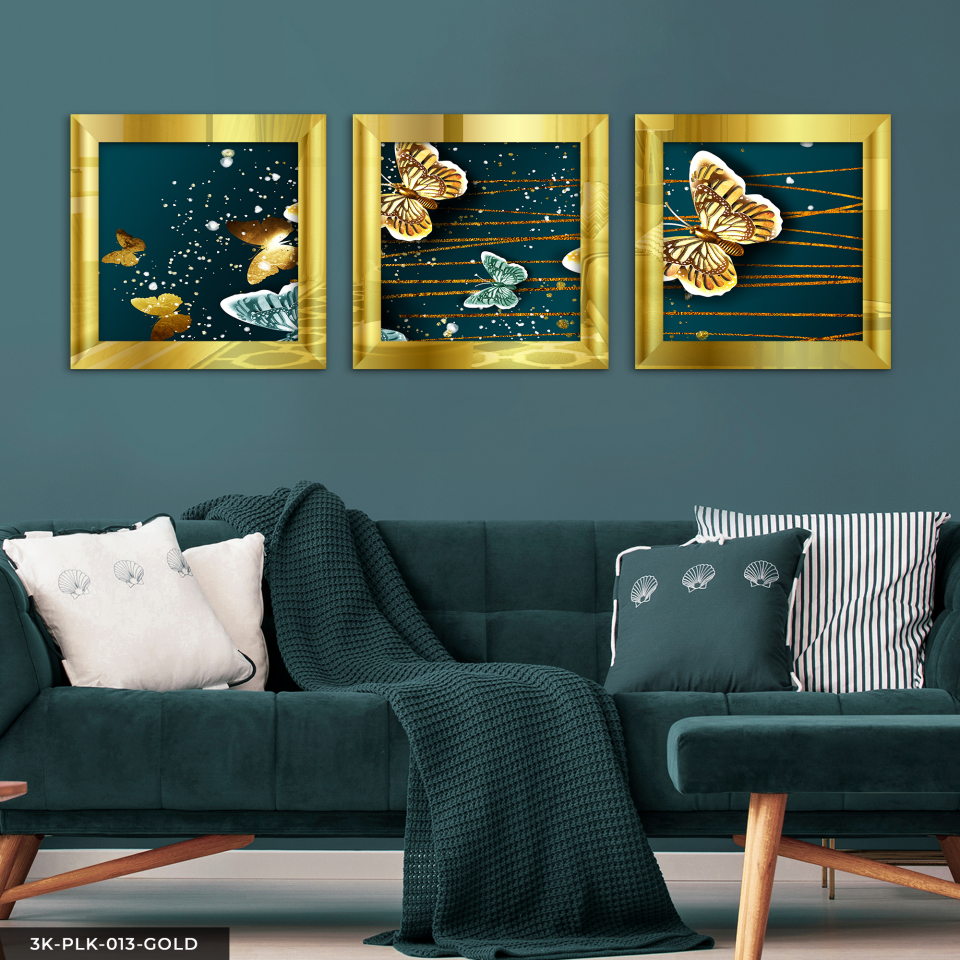 Parıltılı Gold Kelebekler 3 Parça Pleksi Aynalı Çerçeveli Tablo Gold - 30 x 30 CM