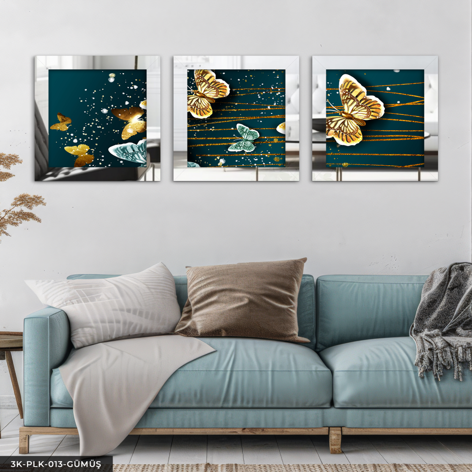 Parıltılı Gold Kelebekler 3 Parça Pleksi Aynalı Çerçeveli Tablo Gümüş - 30 x 30 CM
