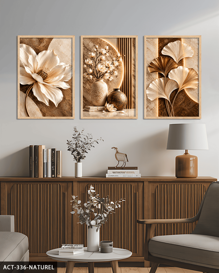 Kahve Beyaz Çiçek ve Yaprak 3 Parça Ahşap Çerçeveli Tablo ACT Naturel - 30 x 40 CM