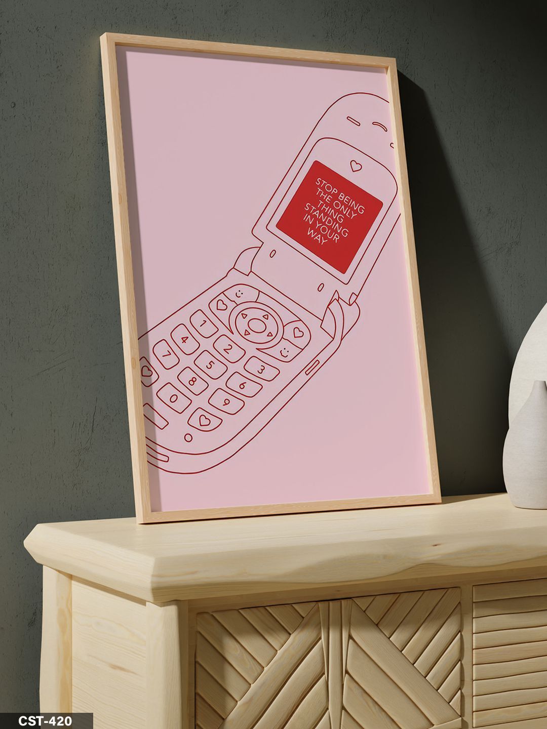 Pembe Telefon Tek Parça Ahşap Çerçeveli Tablo Naturel - 50 x 70 CM
