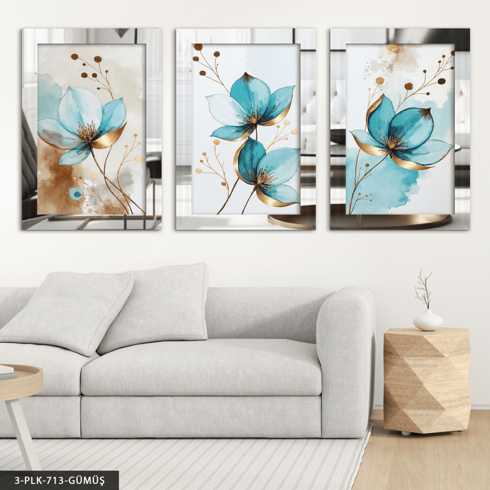 Sulu Boya Görünümlü Mavi Çiçek 3 Parça Pleksi Aynalı Tablo Gümüş - 20 x 30 CM