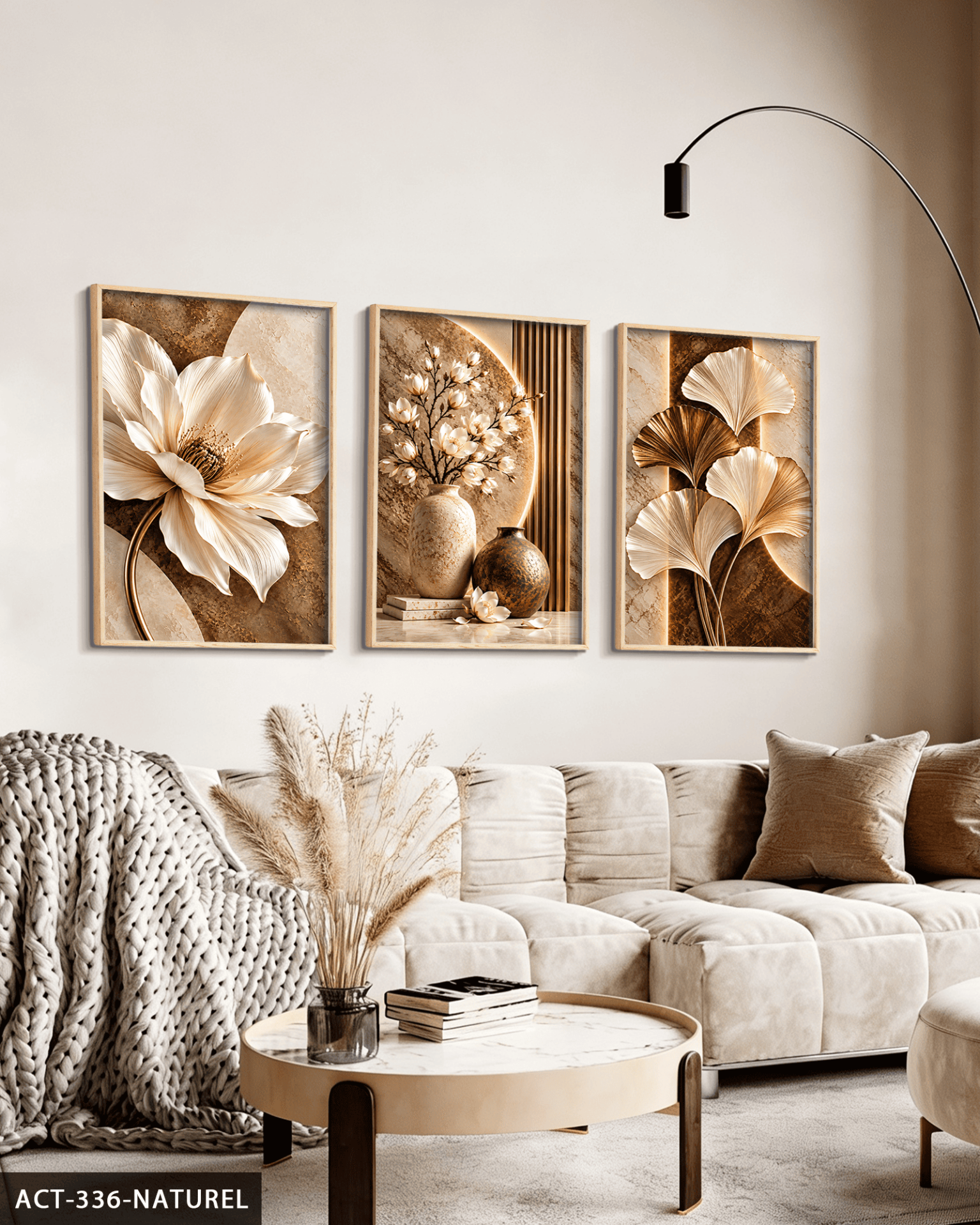Kahve Beyaz Çiçek ve Yaprak 3 Parça Ahşap Çerçeveli Tablo ACT Naturel - 40 x 60 CM