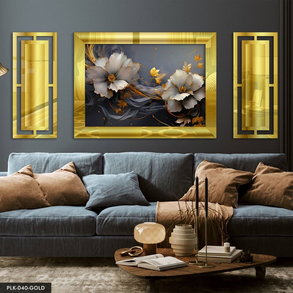 Gold Detaylı Çiçek Yan Dekorlu 3 Parça Pleksi Tablo DKRPLK 130 x 25 CM - Gold