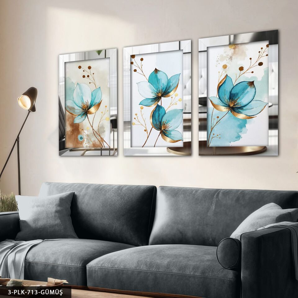 Sulu Boya Görünümlü Mavi Çiçek 3 Parça Pleksi Aynalı Tablo Gümüş - 30 x 40 CM