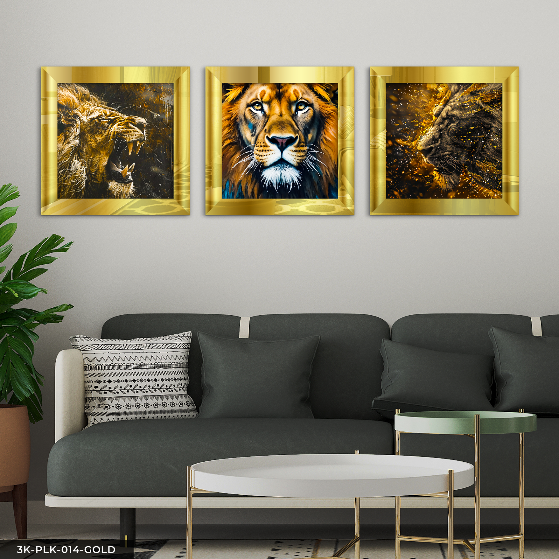 Aslan 3 Parça Pleksi Aynalı Çerçeveli Tablo Gold - 30 x 30 CM
