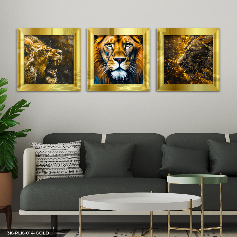 Aslan 3 Parça Pleksi Aynalı Çerçeveli Tablo Gold - 30 x 30 CM