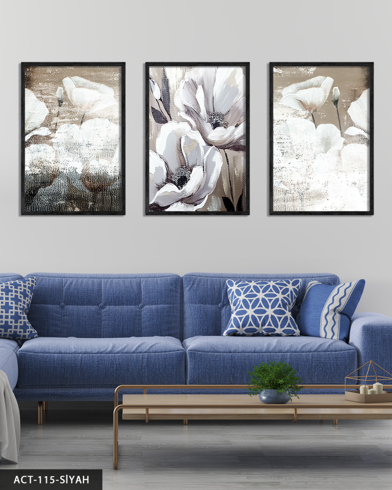 Yağlı Boya Görünümlü Beyaz Çiçek 3 Parça Ahşap Çerçeveli Tablo ACT Siyah - 20 x 30 CM
