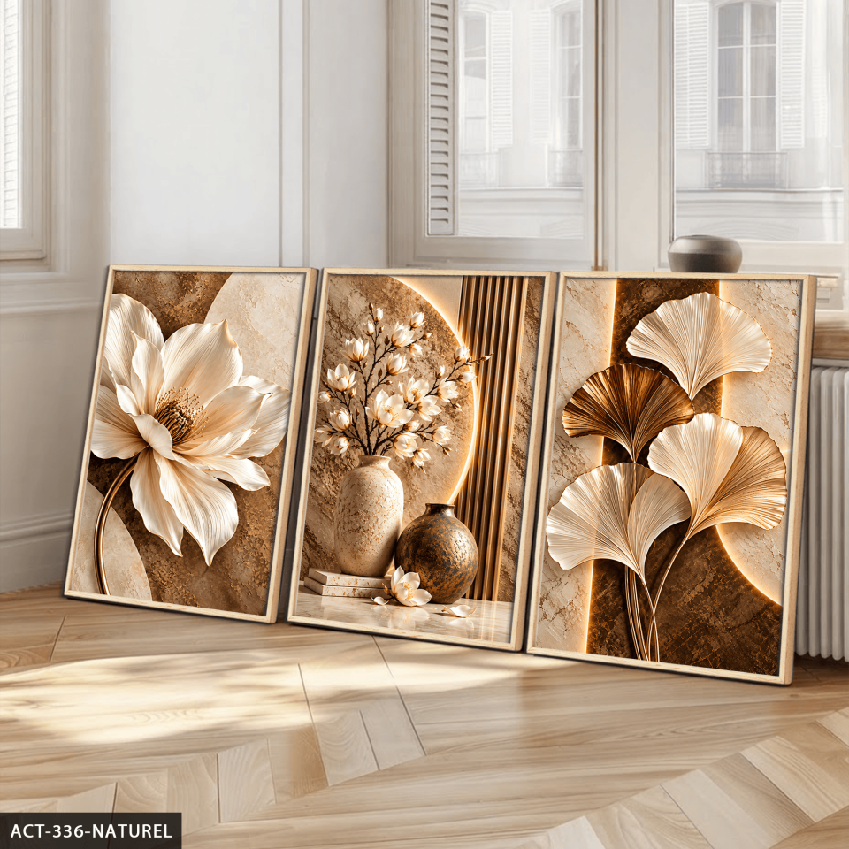 Kahve Beyaz Çiçek ve Yaprak 3 Parça Ahşap Çerçeveli Tablo ACT Naturel - 50 x 70 CM