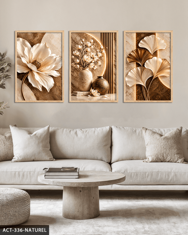 Kahve Beyaz Çiçek ve Yaprak 3 Parça Ahşap Çerçeveli Tablo ACT Naturel - 50 x 70 CM