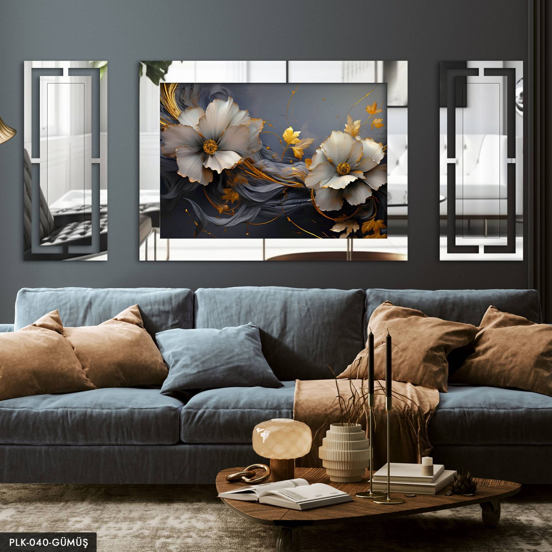 Gold Detaylı Çiçek Yan Dekorlu 3 Parça Pleksi Tablo DKRPLK 130 x 25 CM - Gümüş