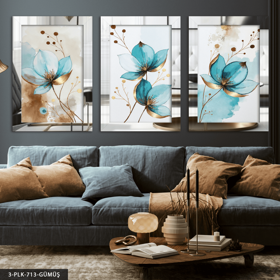 Sulu Boya Görünümlü Mavi Çiçek 3 Parça Pleksi Aynalı Tablo Gümüş - 40 x 60 CM