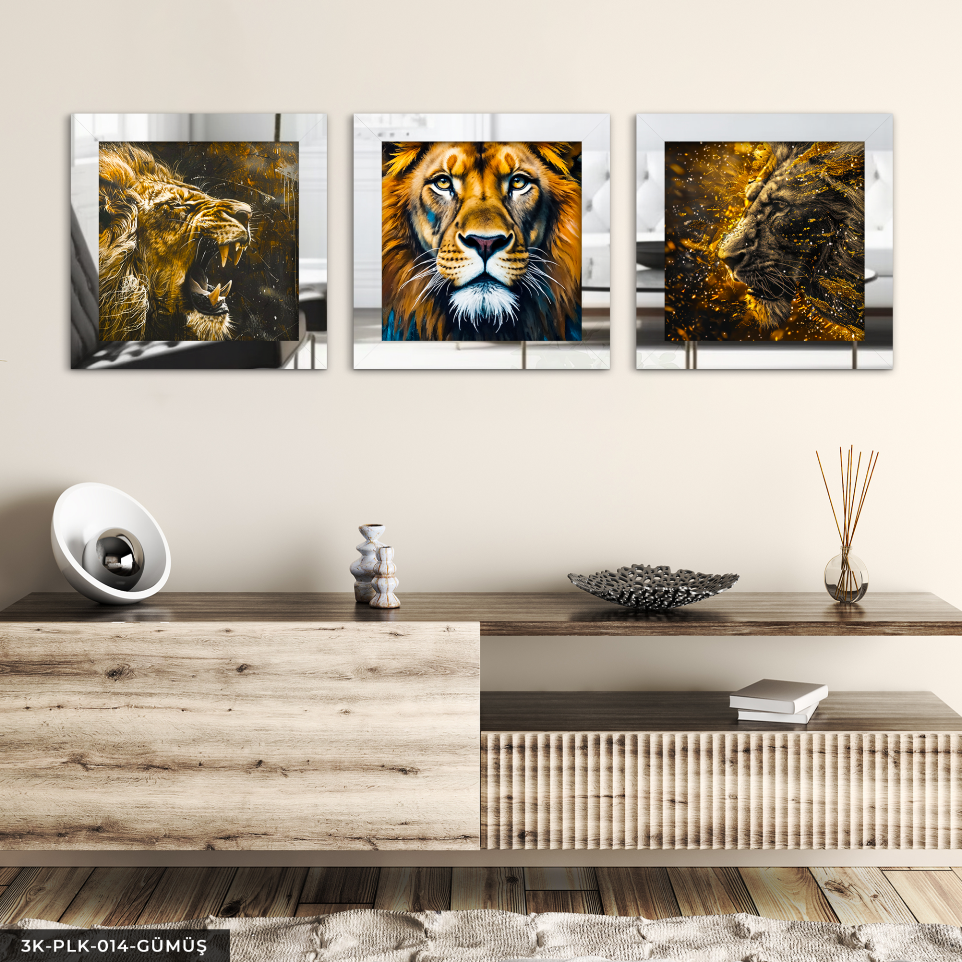 Aslan 3 Parça Pleksi Aynalı Çerçeveli Tablo Gümüş - 30 x 30 CM