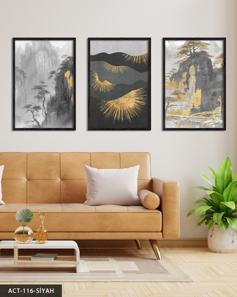 Gold Detaylı Modern Sanat 3 Parça Ahşap Çerçeveli Tablo ACT Siyah - 20 x 30 CM
