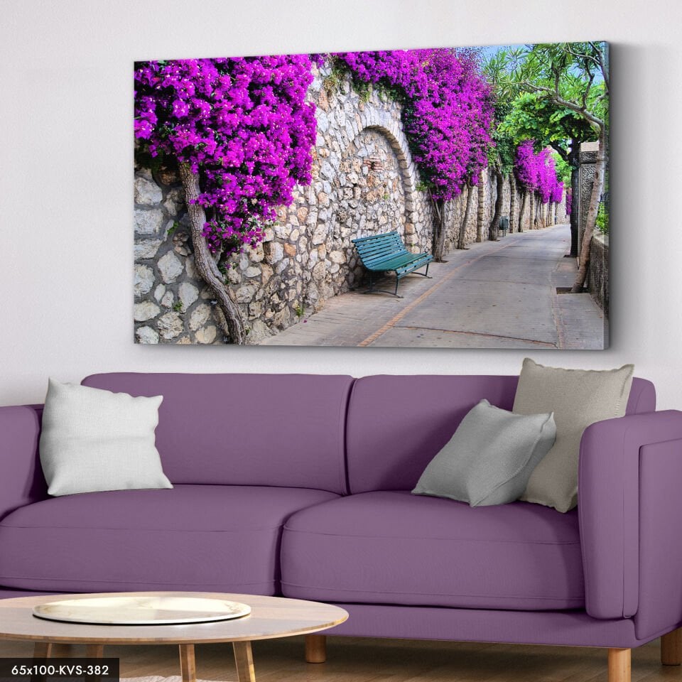 Mor Çiçekli Yol Kanvas - Canvas Tablo