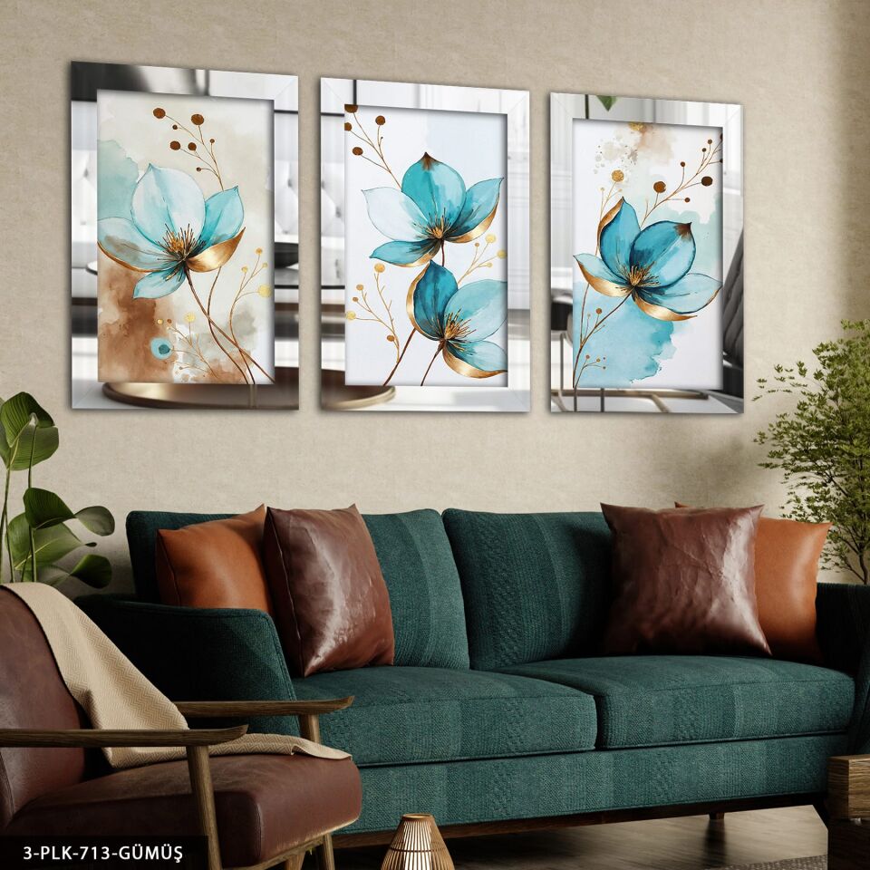 Sulu Boya Görünümlü Mavi Çiçek 3 Parça Pleksi Aynalı Tablo Gümüş - 50 x 70 CM